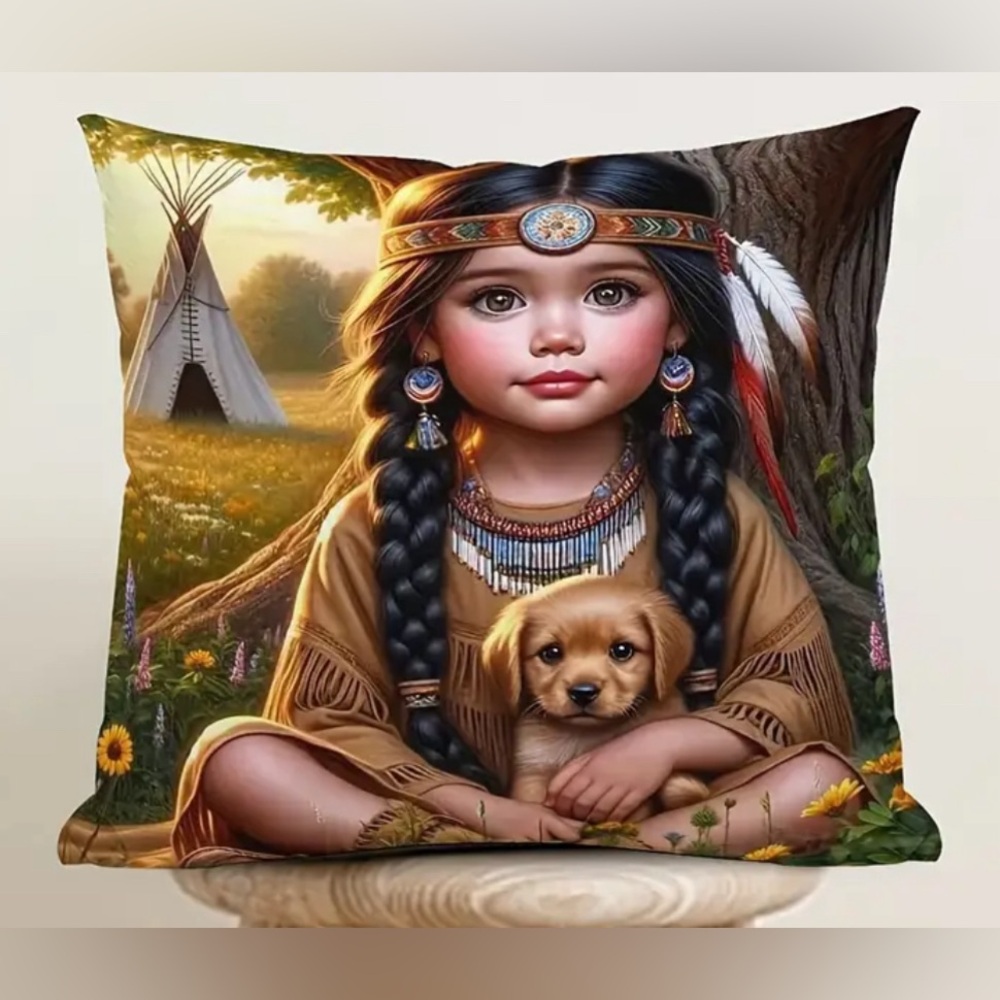 Native American Girl With Puppy Western Boho Decor Design On Both Sides Gift